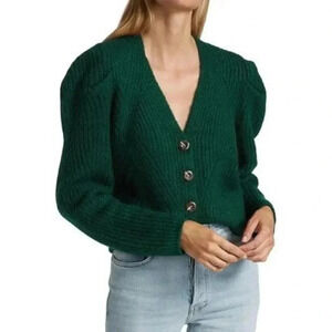 Design History Green Rib Knit Puff Sleeve Button Down Cardigan Sweater XS